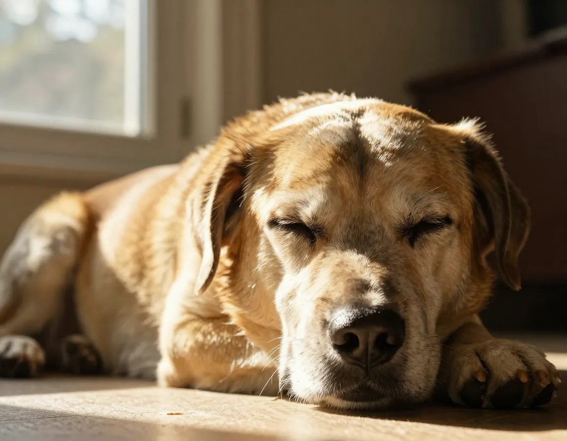 Senior dog with graying fur lying content in sunny spot