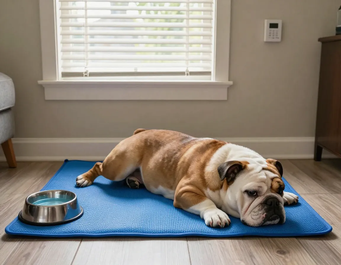 Bulldog resting on cooling mat indoors during hot summer day
