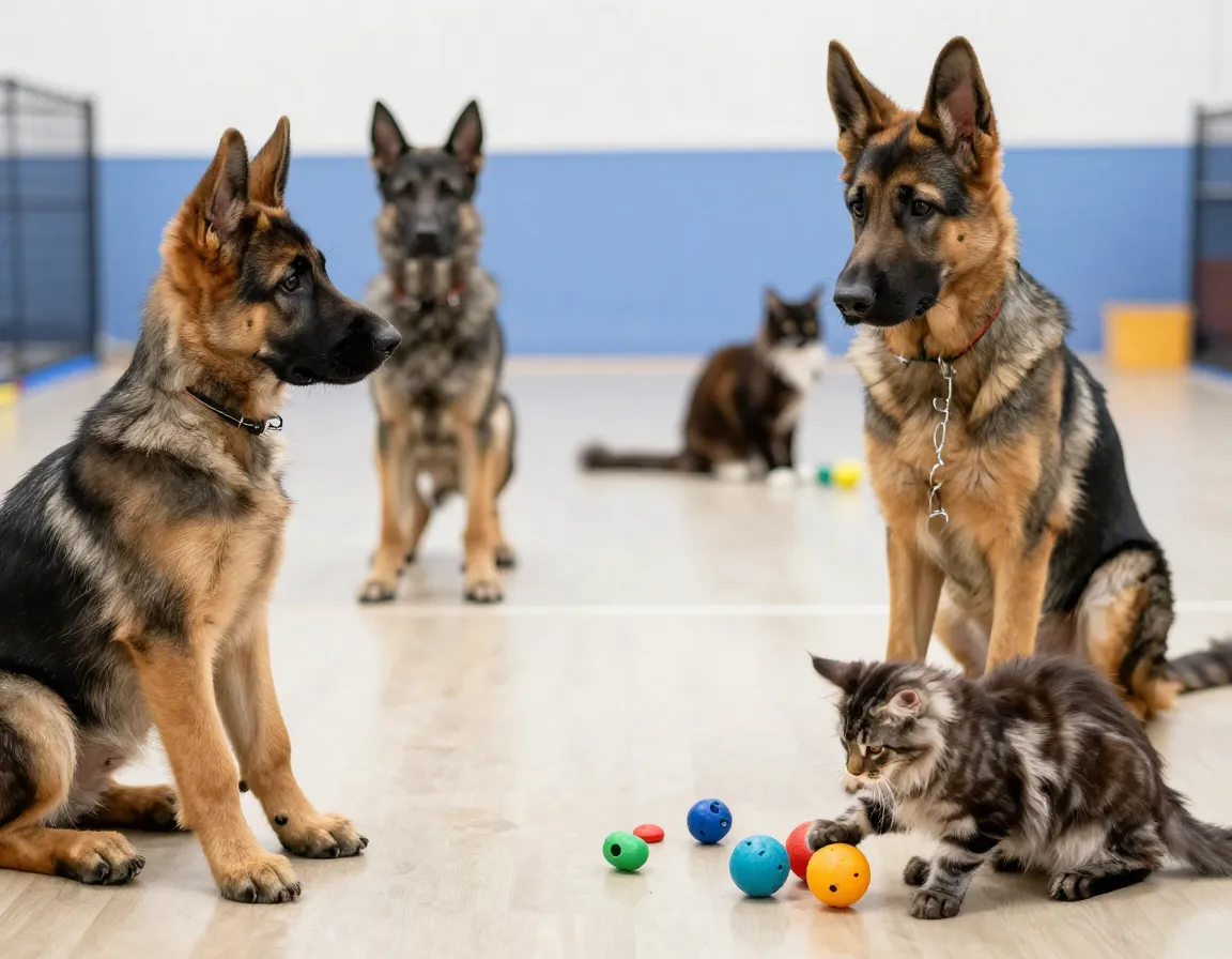 German shepherd puppy and maine coon kitten learning commands and puzzles