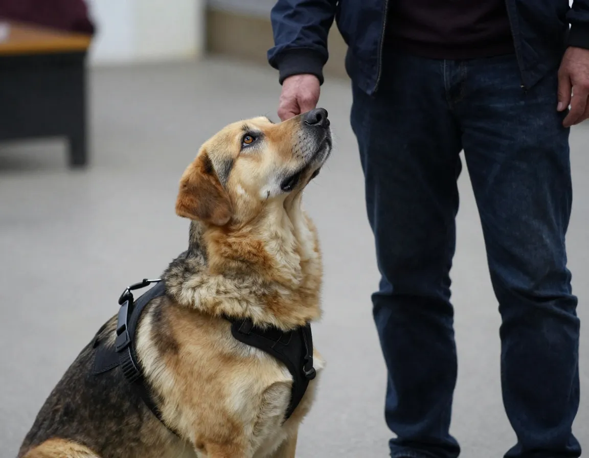 Guide dog in harness looking up at visually impaired handler