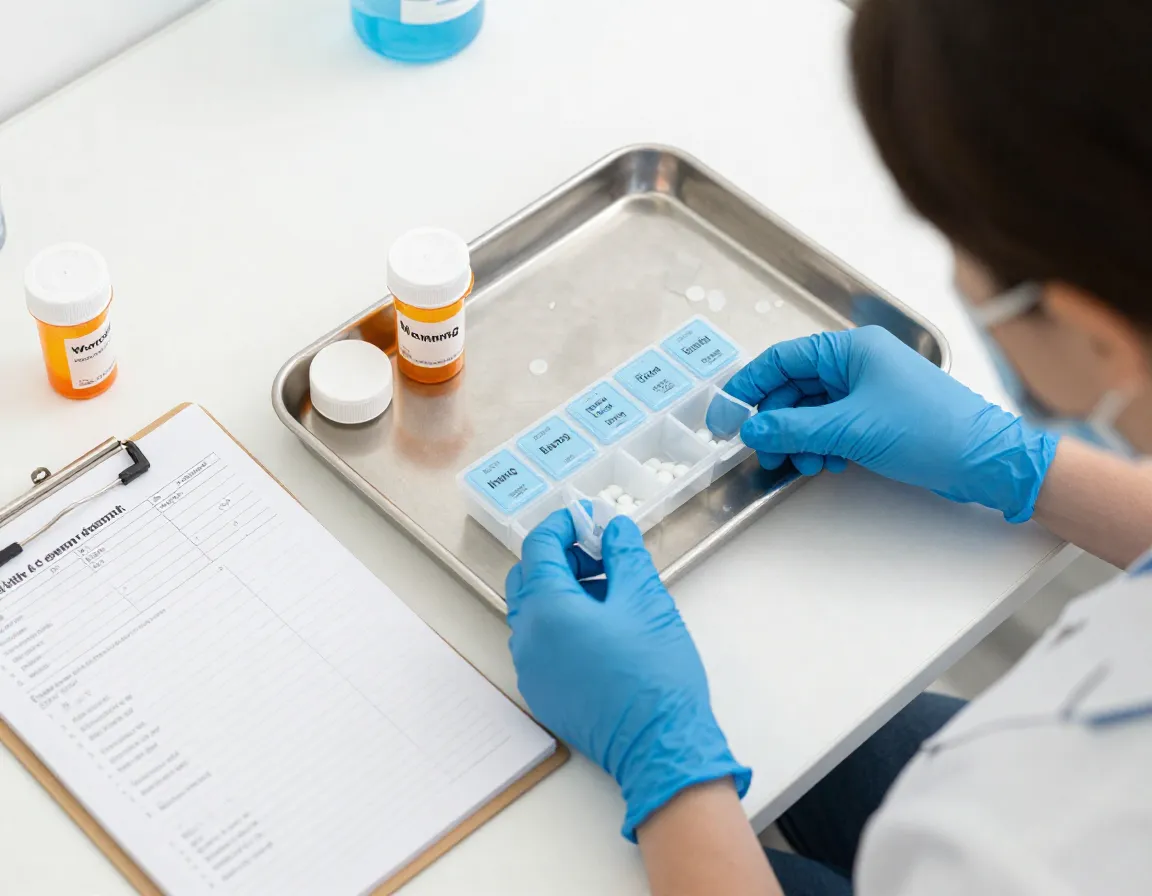 Staff member preparing daily medication in a clean medical room