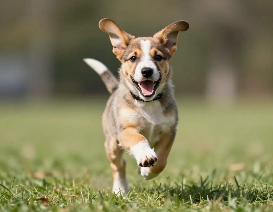 Young puppy mid leap ears flying mouth open pure joy