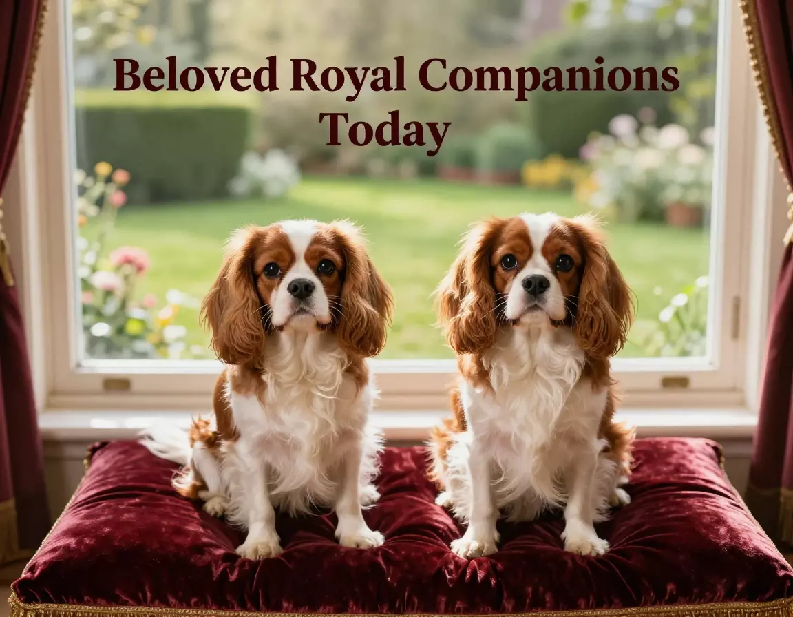 Cavalier king charles spaniels on luxury cushion sunlit window garden backdrop