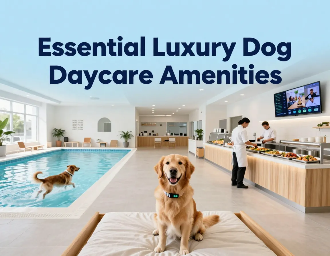 High angle view modern dog daycare pool gourmet meals tech monitoring