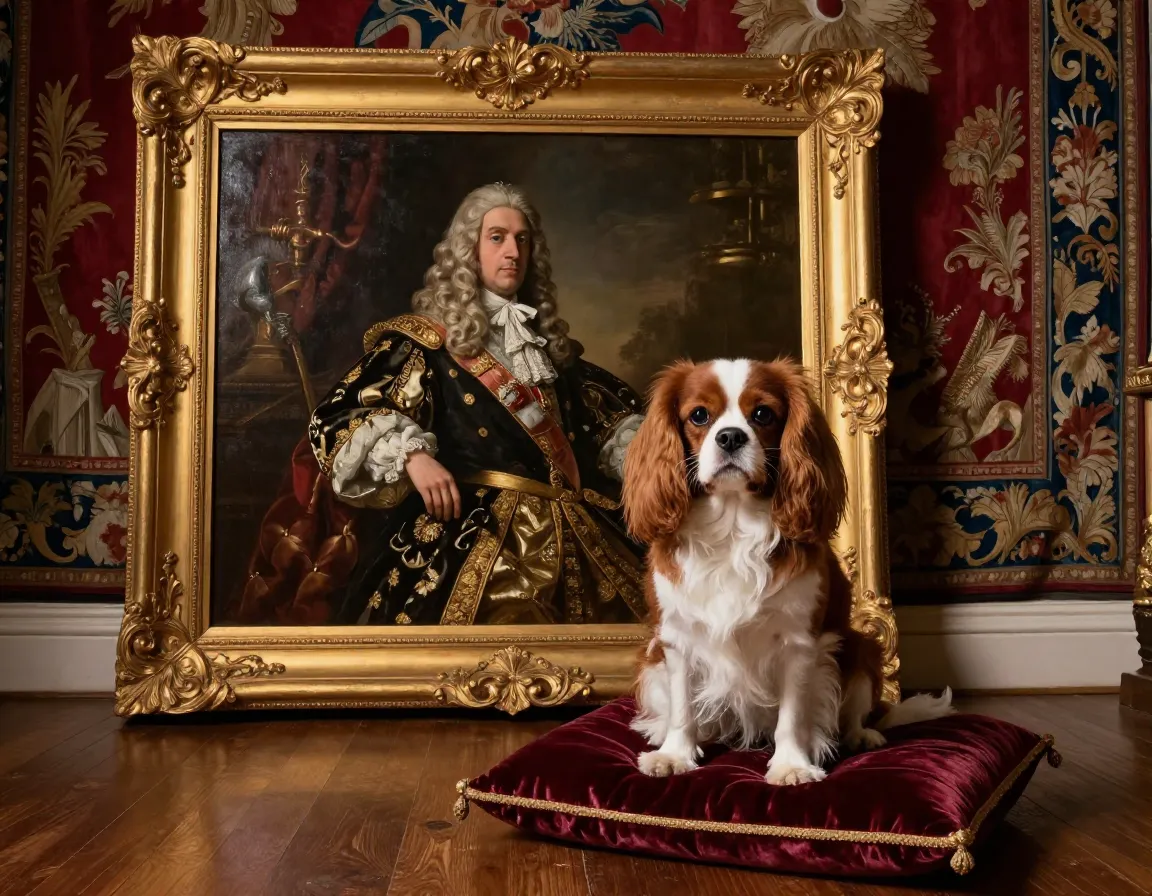 Cavalier king charles spaniel posed beside historical royal painting