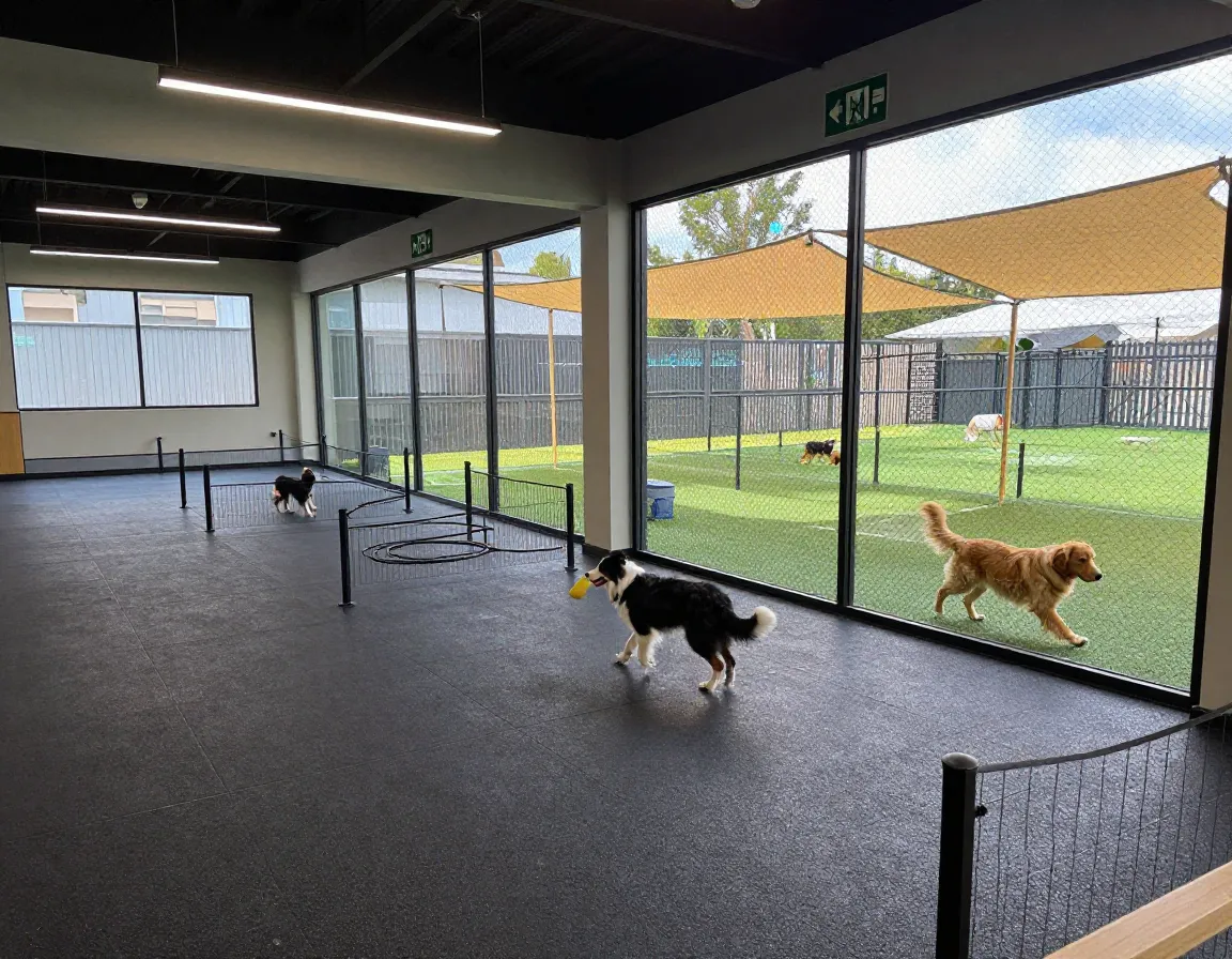 Large indoor outdoor safe play zones for dogs with secure fencing