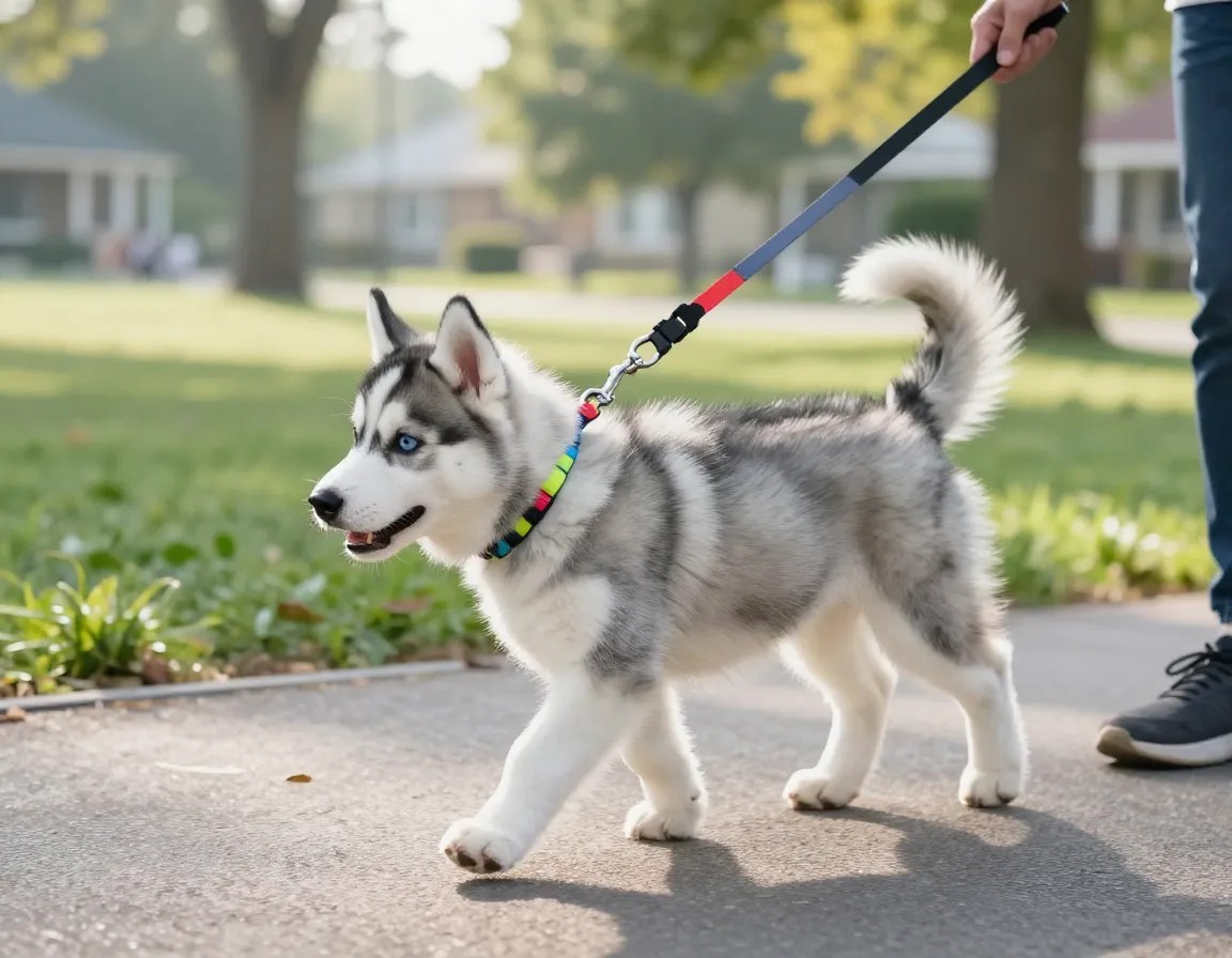 Siberian husky puppy on morning walk in suburban park