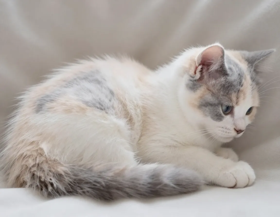 Dilute calico kitten with soft cream gray white fur combination