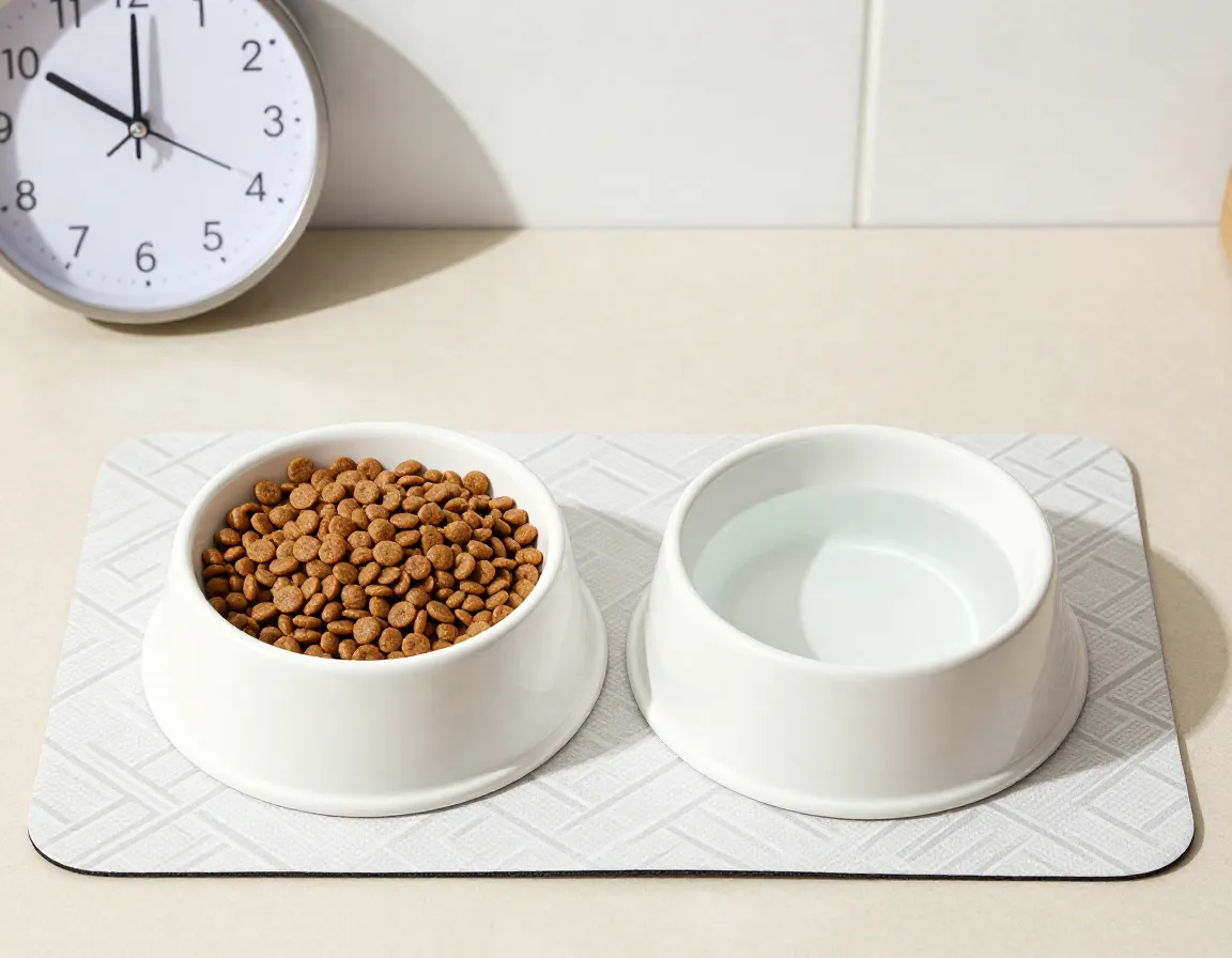 Two ceramic dog bowls on a feeding mat in a kitchen