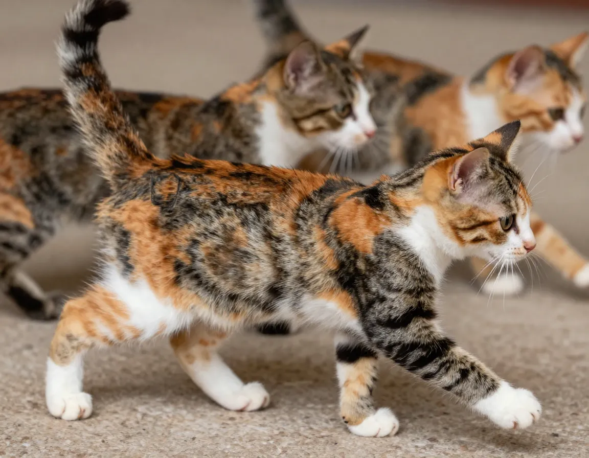 Caliby kitten with striped orange and black calico tabby patches