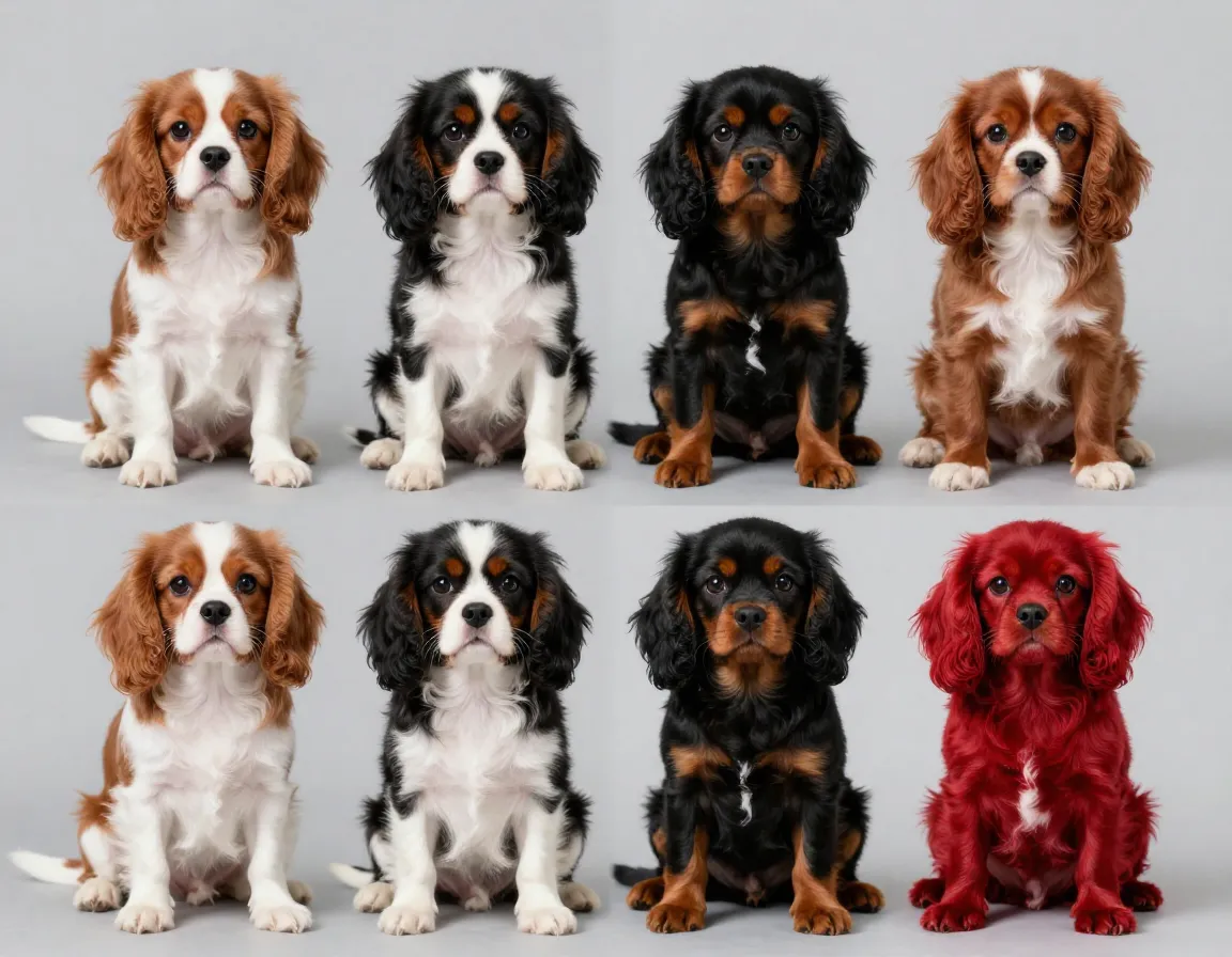Four cavalier puppies showcasing blenheim tricolor black tan ruby coats