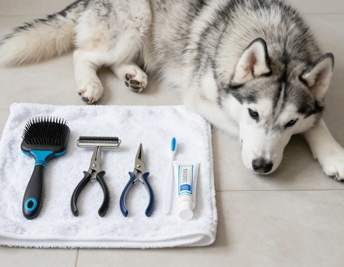 Grooming tools arranged neatly on a towel next to a husky