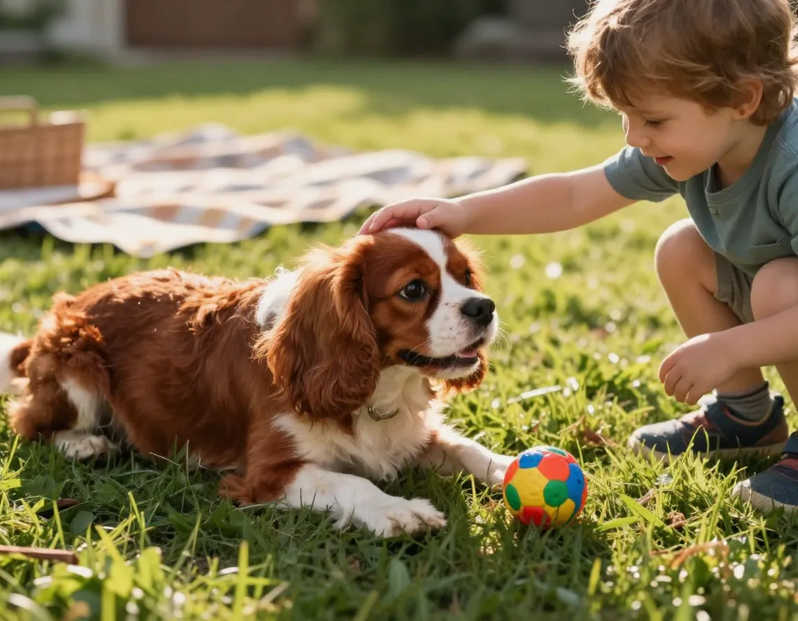 Ruby cavalier gently interacting with child in garden