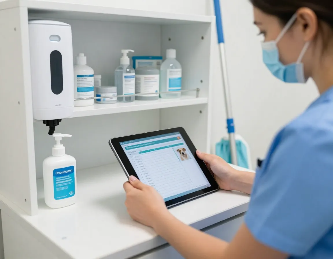 Staff member reviewing digital health records on tablet at sanitization station