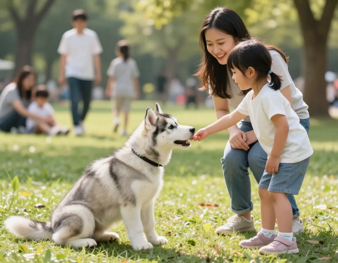 Husky puppy socializing with a friendly child in a park