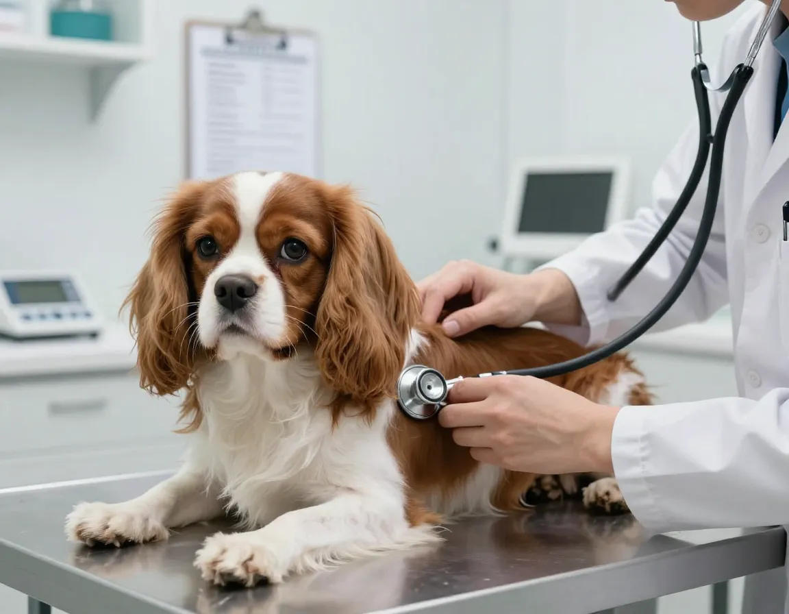 Veterinarian checking cavaliers heart with stethoscope on table