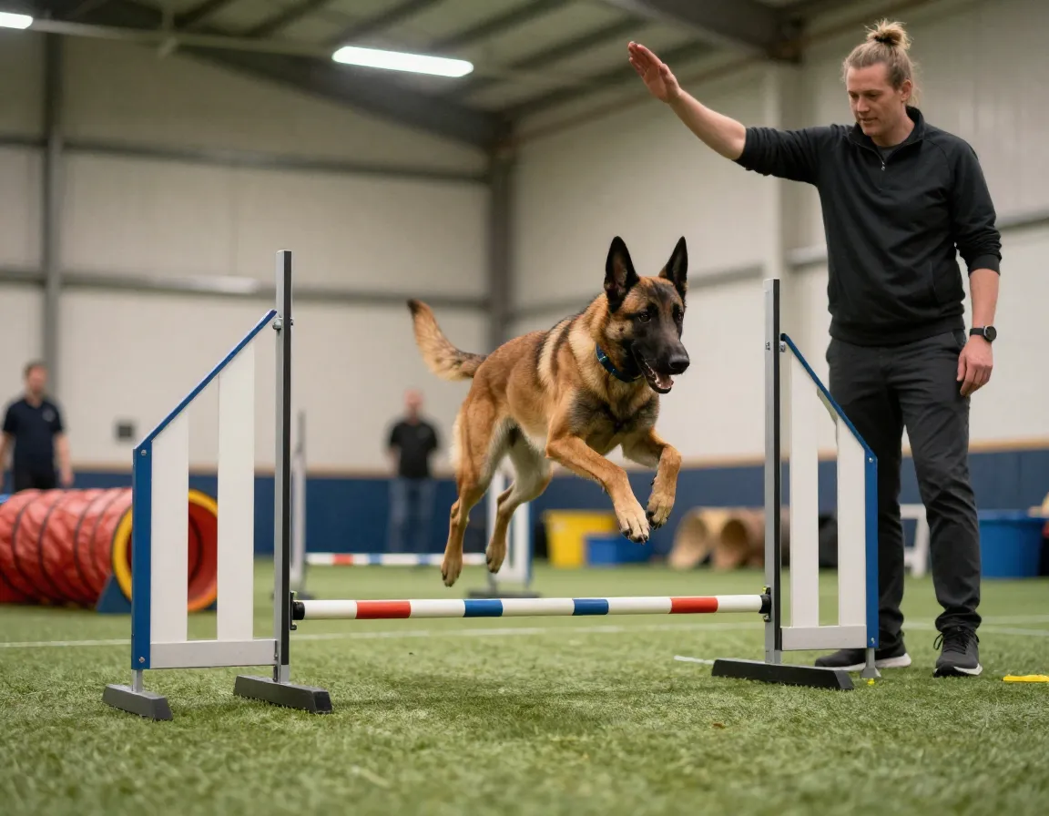 Dog navigating an agility course obstacle with trainer encouragement