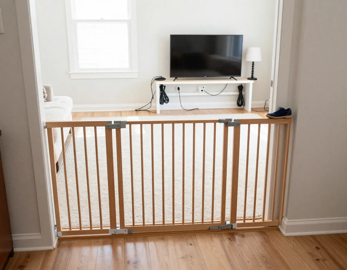 Puppy proofed living room with secured cords and a baby gate