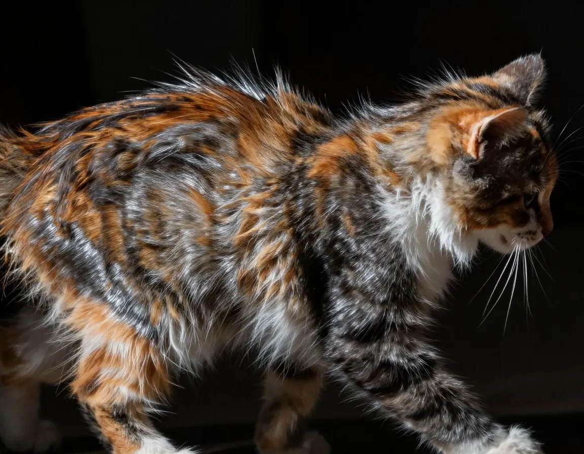 Smoke calico kitten with shimmering silver undercoat visible