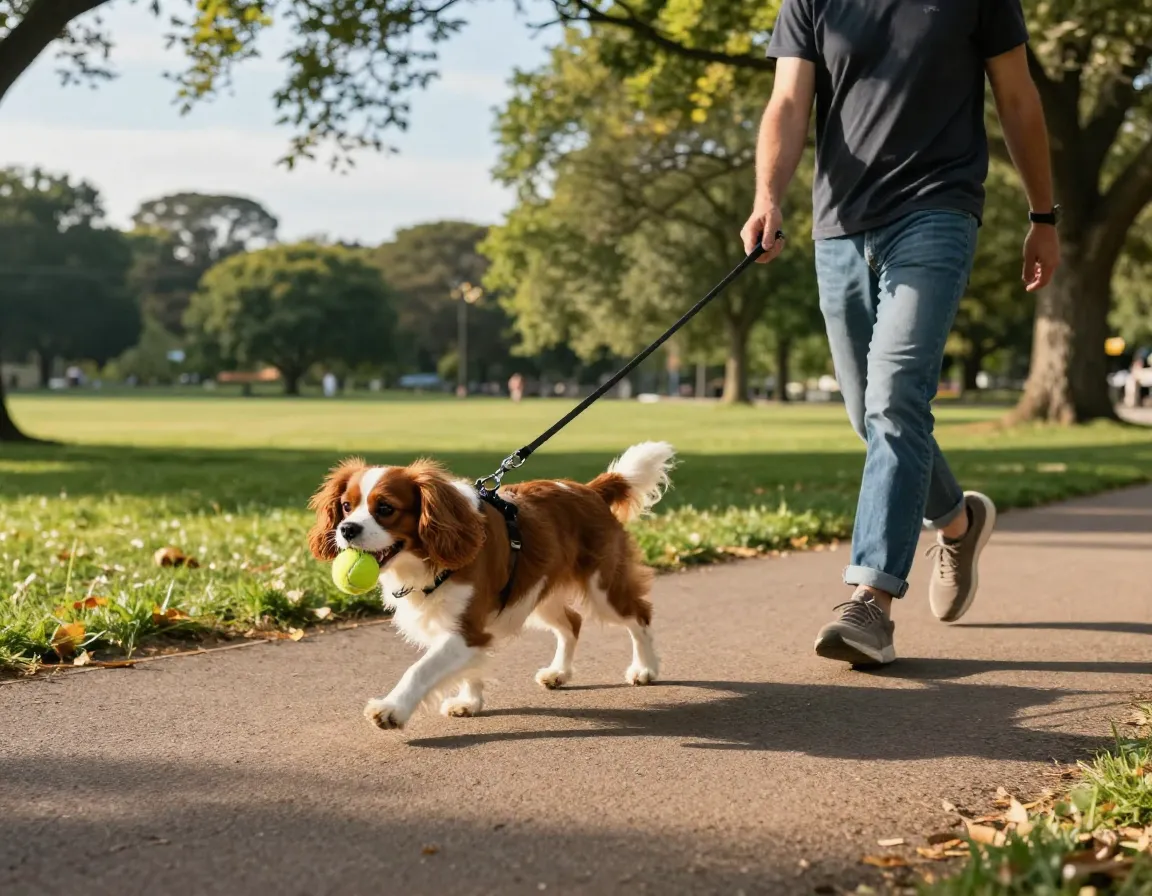 Blenheim cavalier walking with ball in park on leash