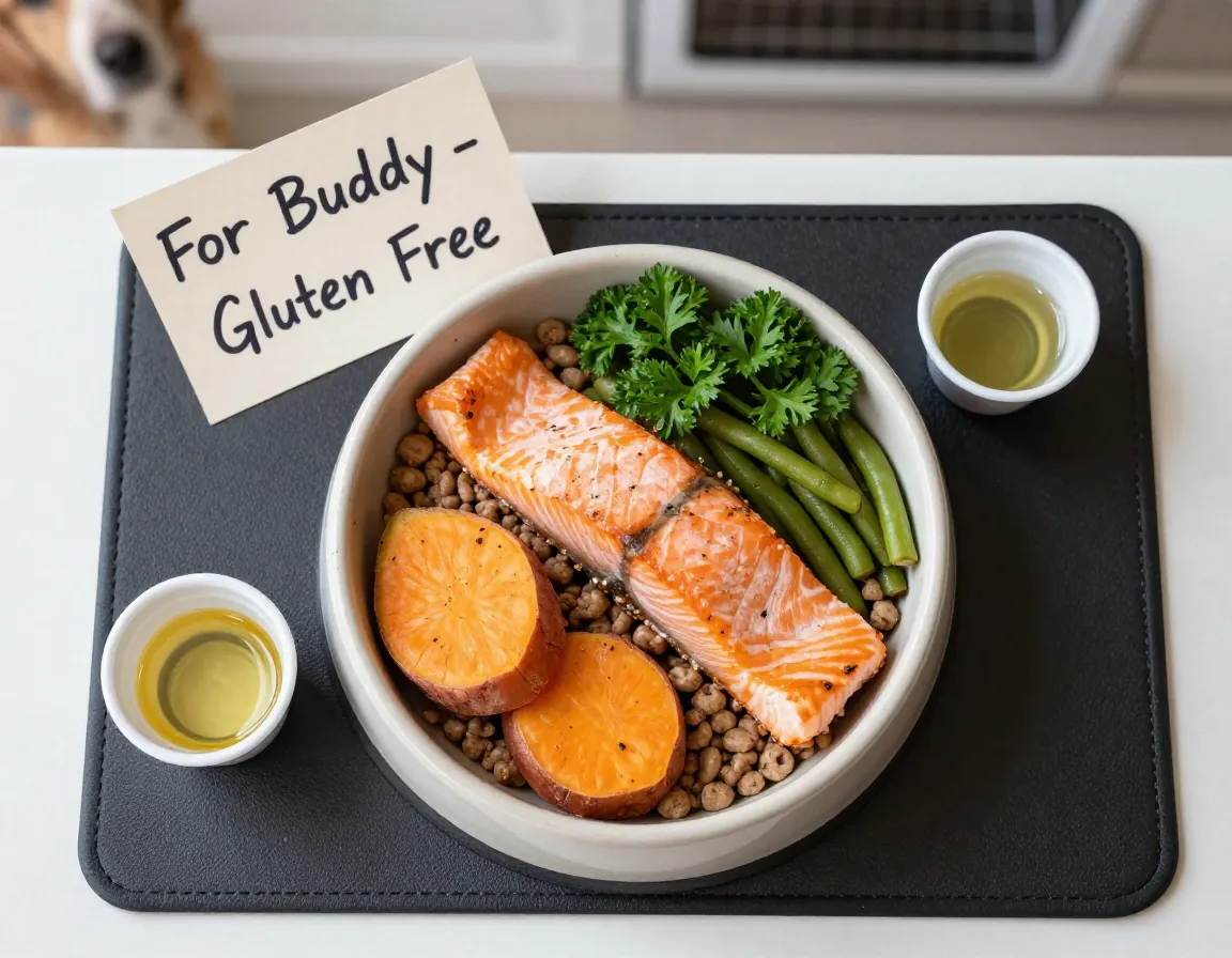 Gourmet meal bowl with human grade ingredients prepared for a dog