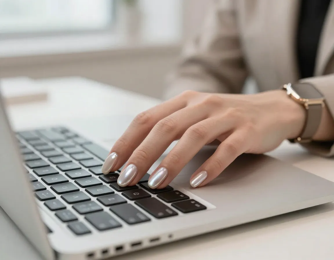 Iridescent pearl cat eye nails sophisticated opalescent office wear