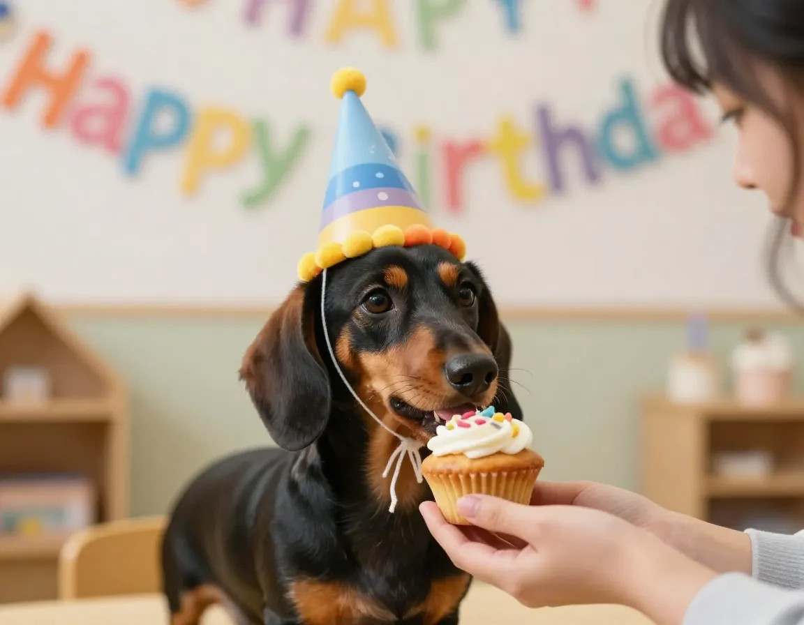 Small dog wearing a birthday hat during a celebration at daycare