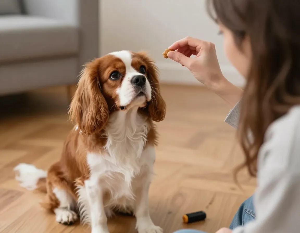 Tricolor cavalier sitting for treat during obedience training