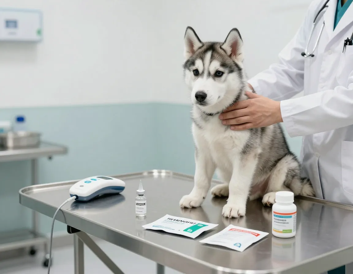 Veterinary exam table with a husky puppy and health supplies