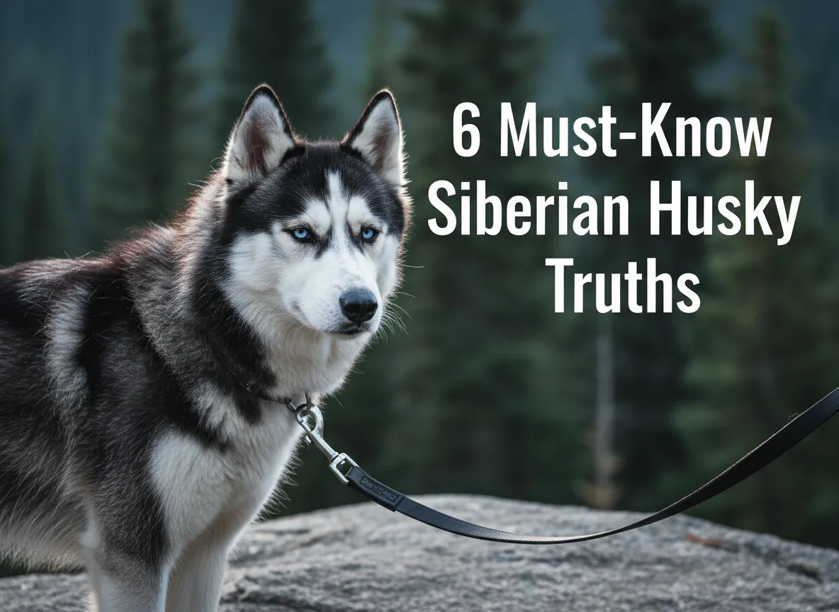 Alert siberian husky blue eyes leash taut evergreen background