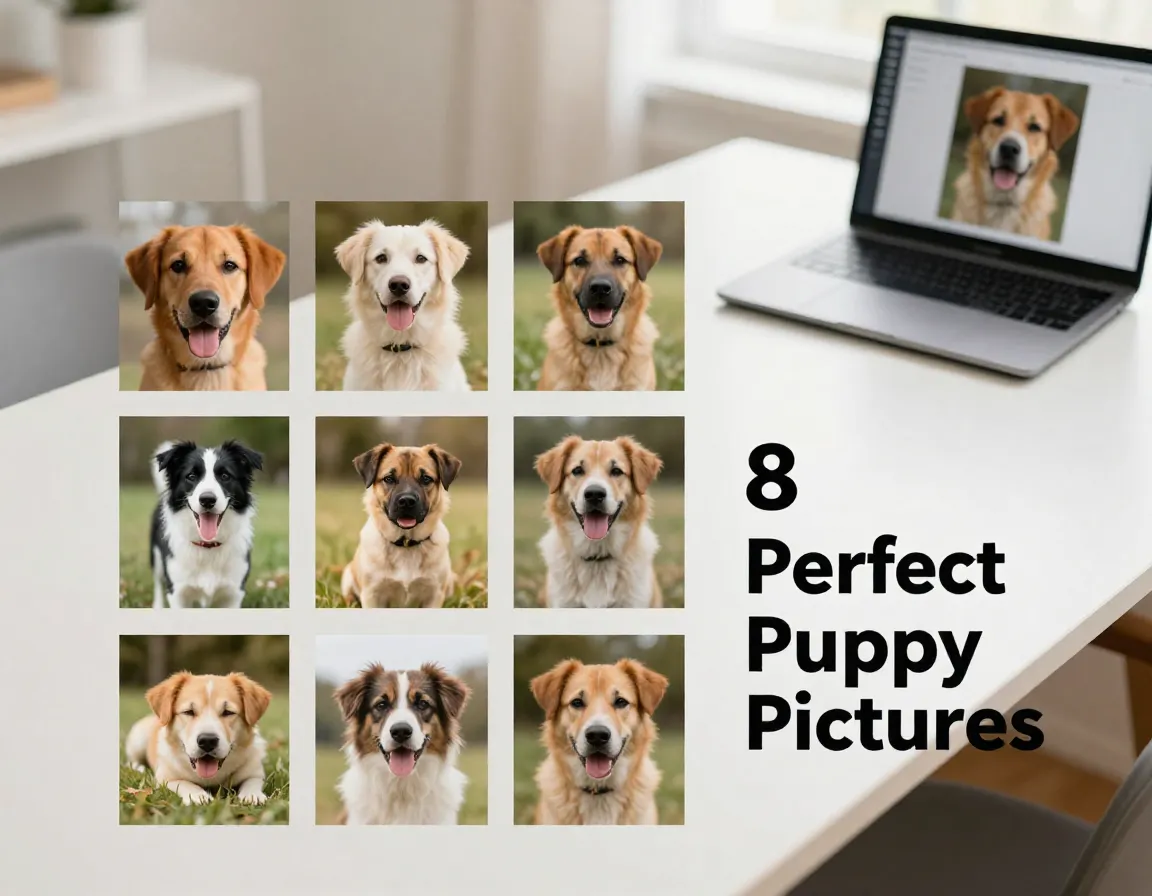 Eight puppy photo collage on minimalist desk with laptop