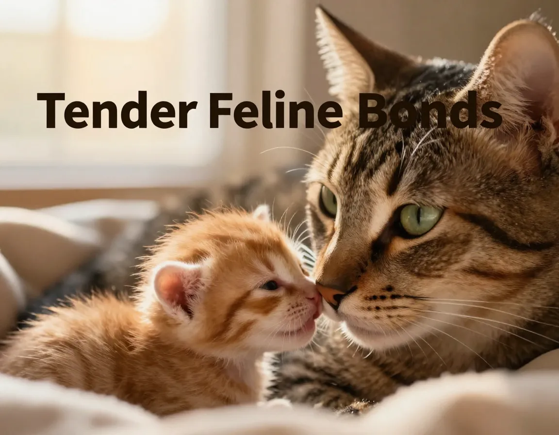 Mother cat nuzzling newborn kitten golden light intimate bond