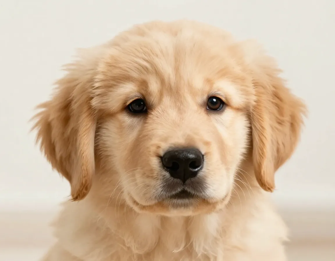 A fluffy golden retriever puppy portrait in soft natural light