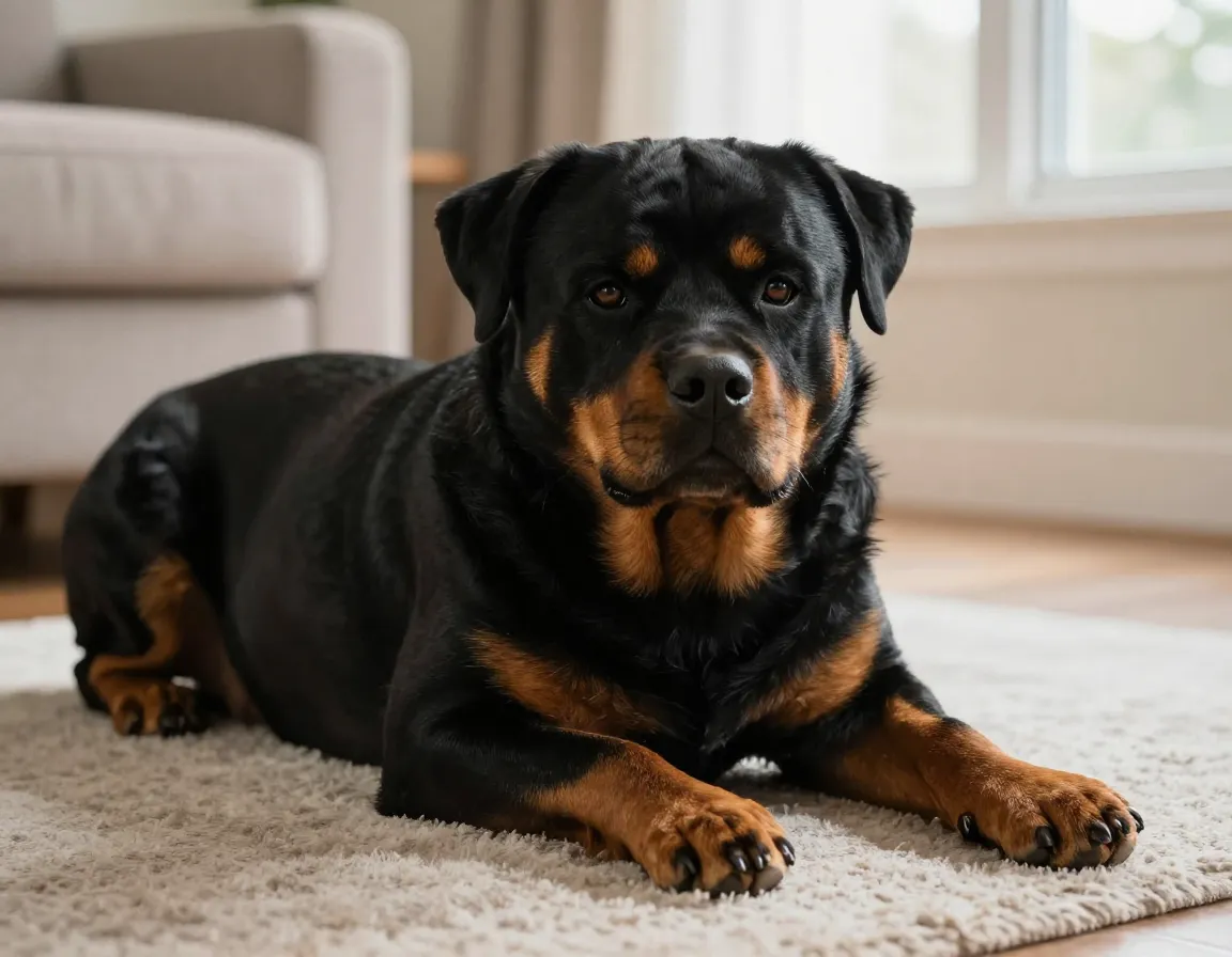Calm black and tan rottweiler resting on a living room rug