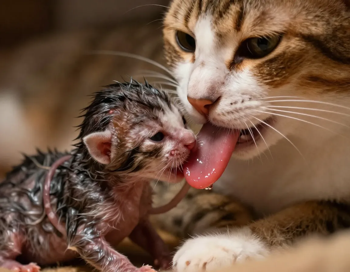 First touch mother cat nuzzling newborn kitten immediately after birth