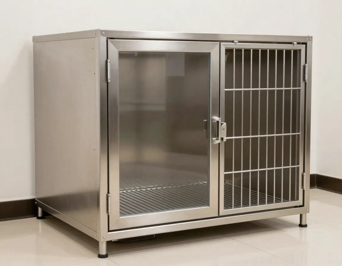 Sturdy stainless steel kennel with guillotine door in clean boarding facility