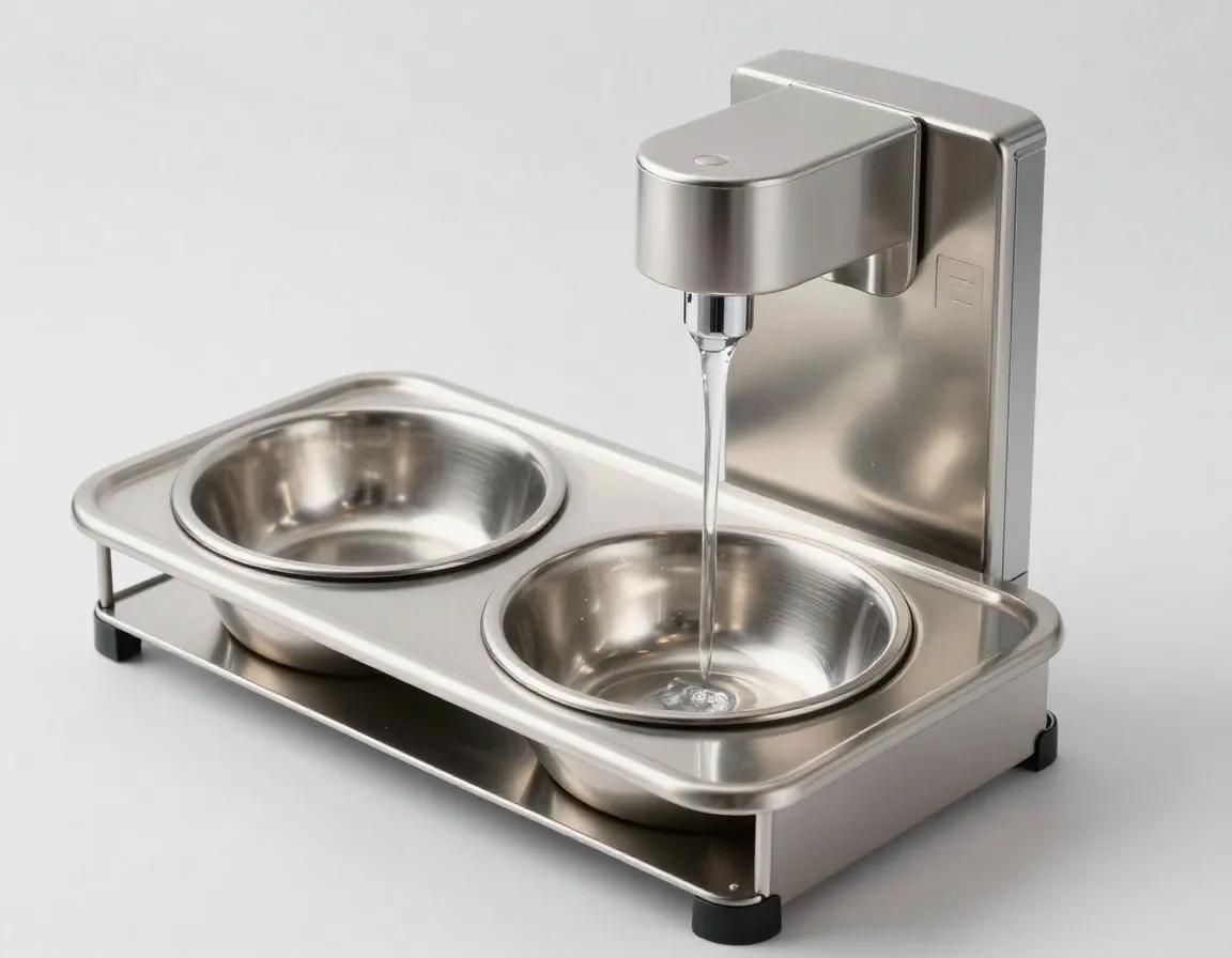 Elevated stainless steel feeding station with automatic water dispenser