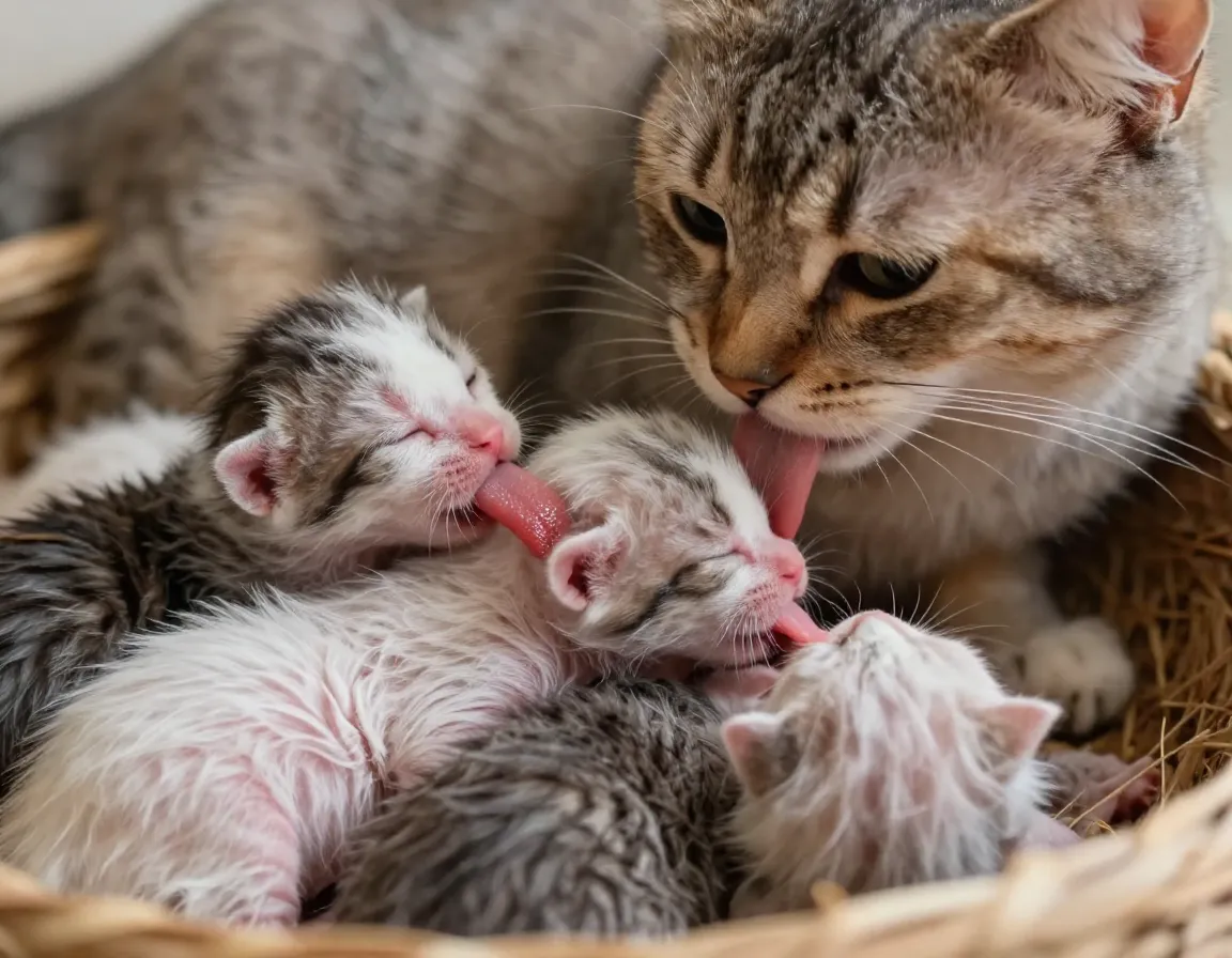 Mother cat meticulously grooming her newborn kitten clean with her tongue