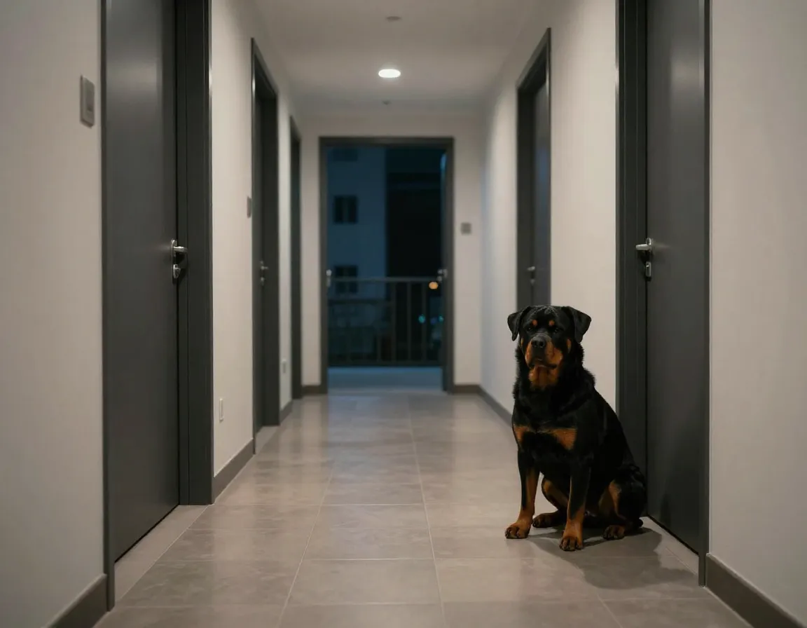 Quiet rottweiler in a modern apartment hallway at night