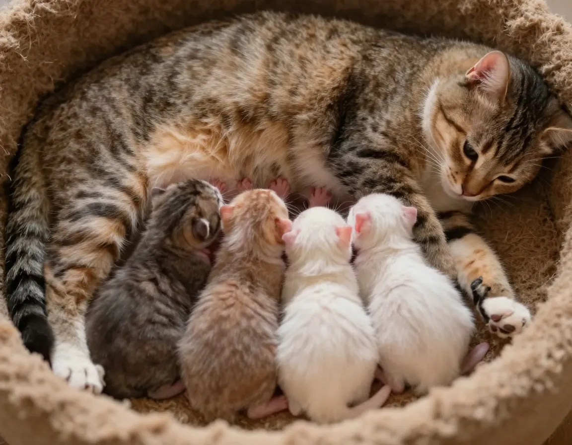 Nursing circle of newborn kittens suckling on mother cat contentedly