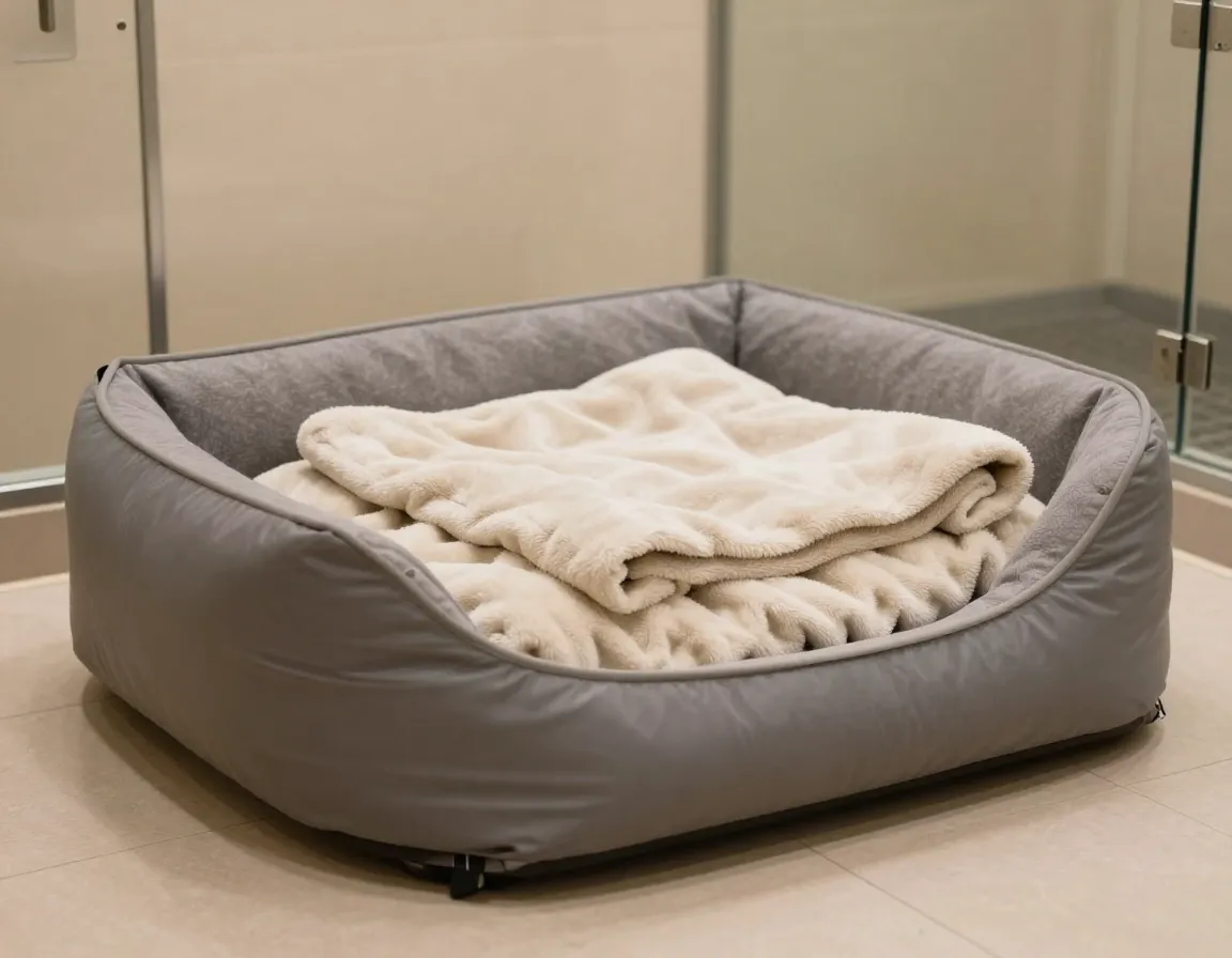 Washable raised dog bed with soft blanket inside boarding kennel