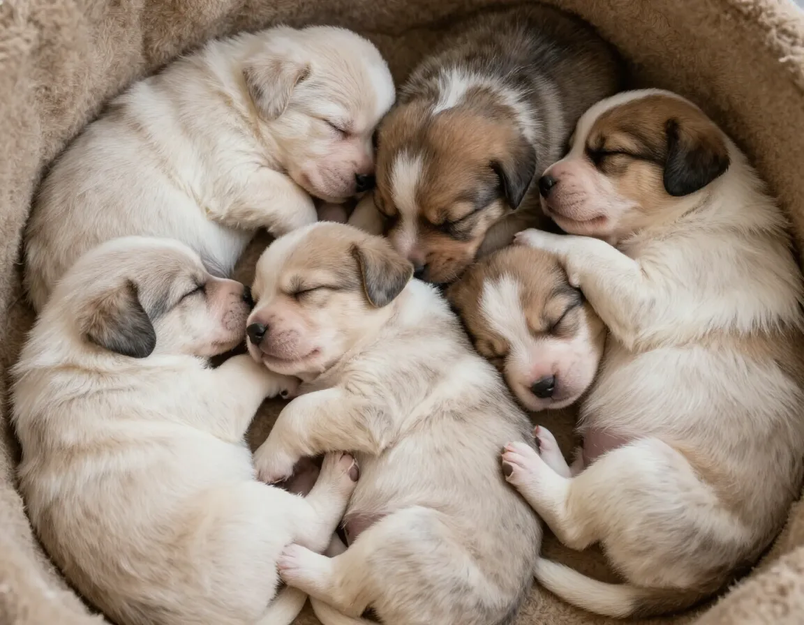 A group of sleeping puppies curled together peacefully