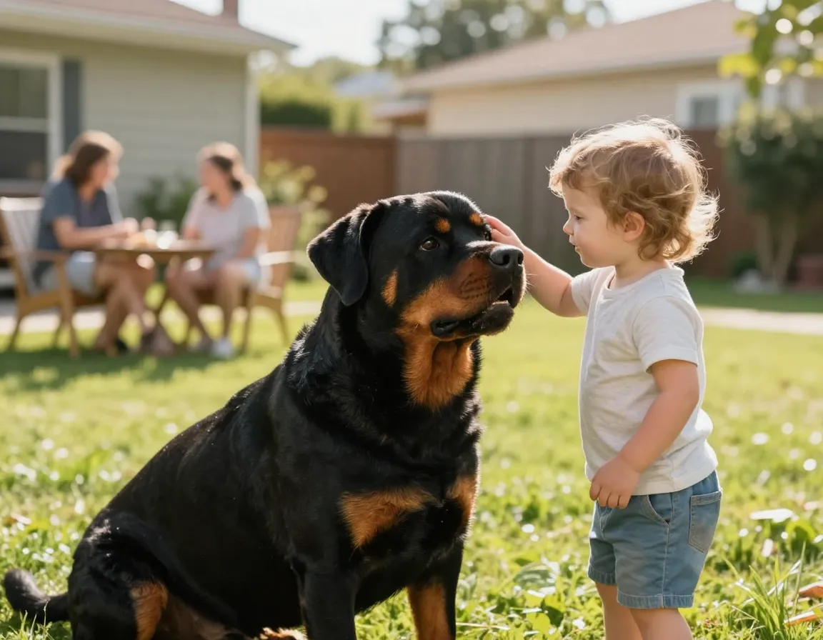 Gentle rottweiler interacting with a young child in a backyard