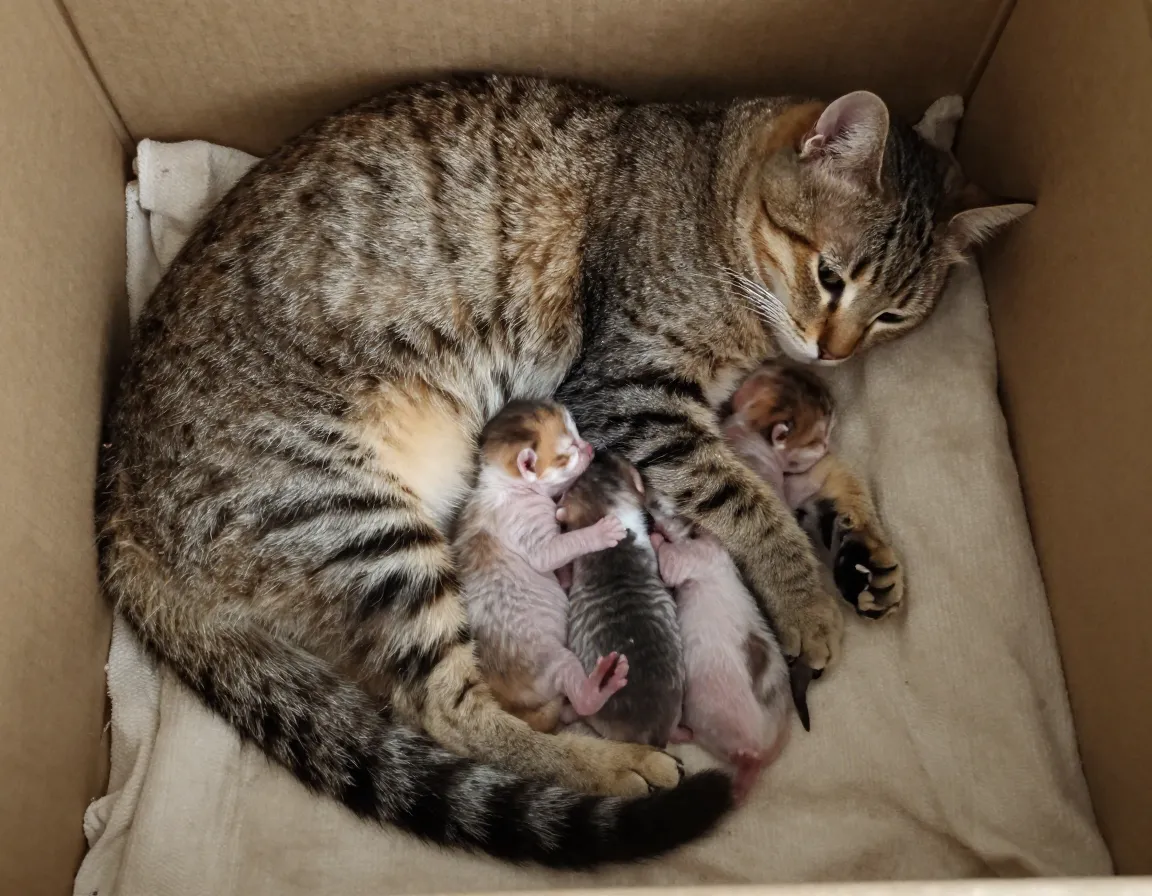 Mother cat curled protectively around her litter of sleeping newborn kittens