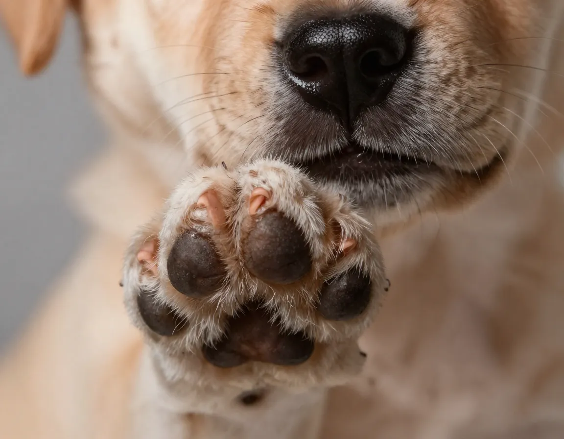 An extreme close up of a puppies tiny paw and wet nose