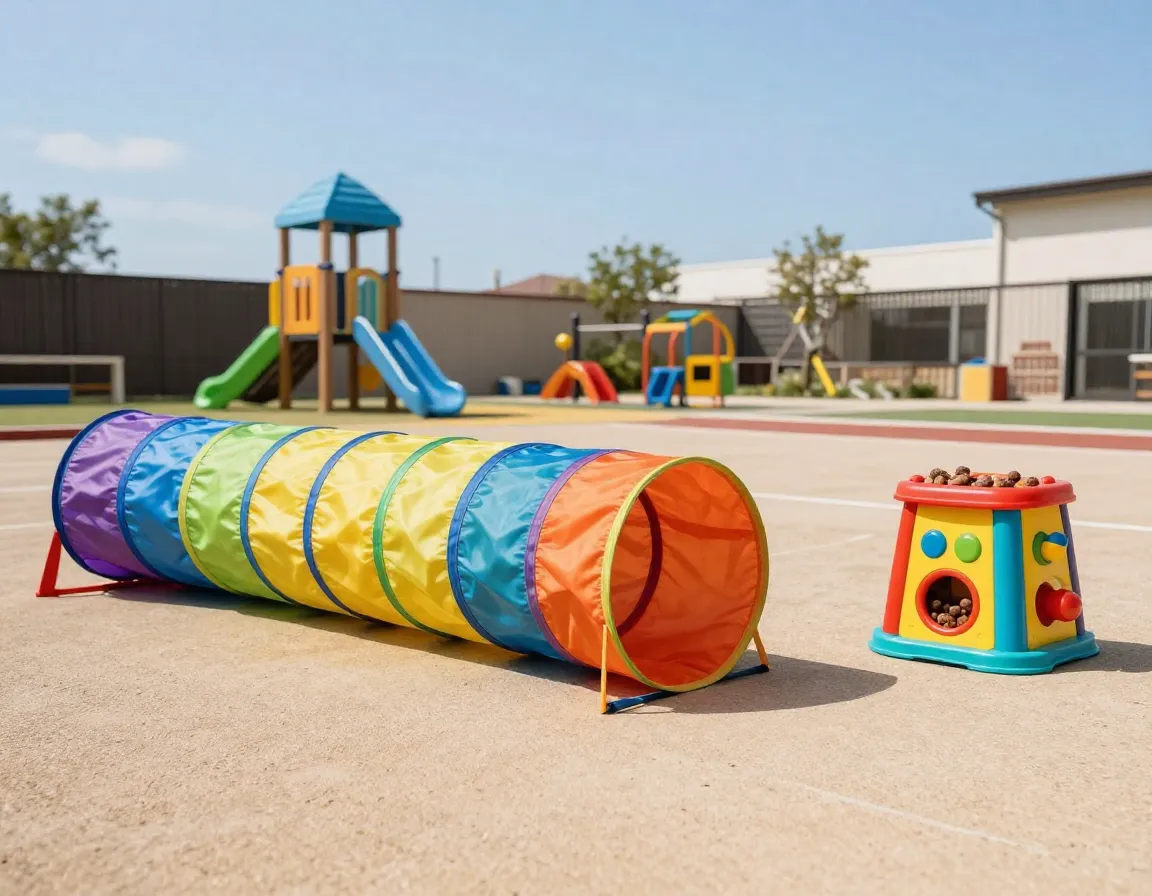 Colorful agility tunnel and interactive puzzle toy in boarding play yard