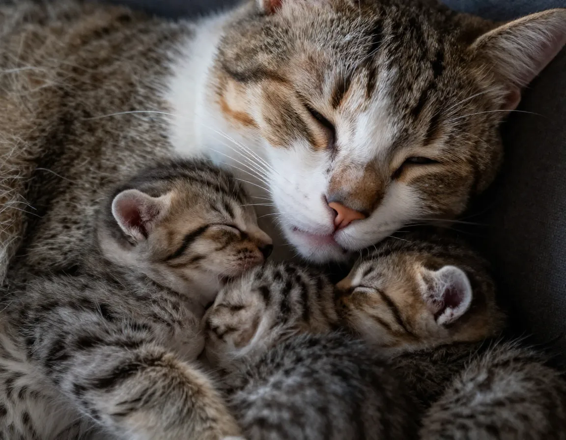 Mother cat purring while her kittens sleep peacefully against her body