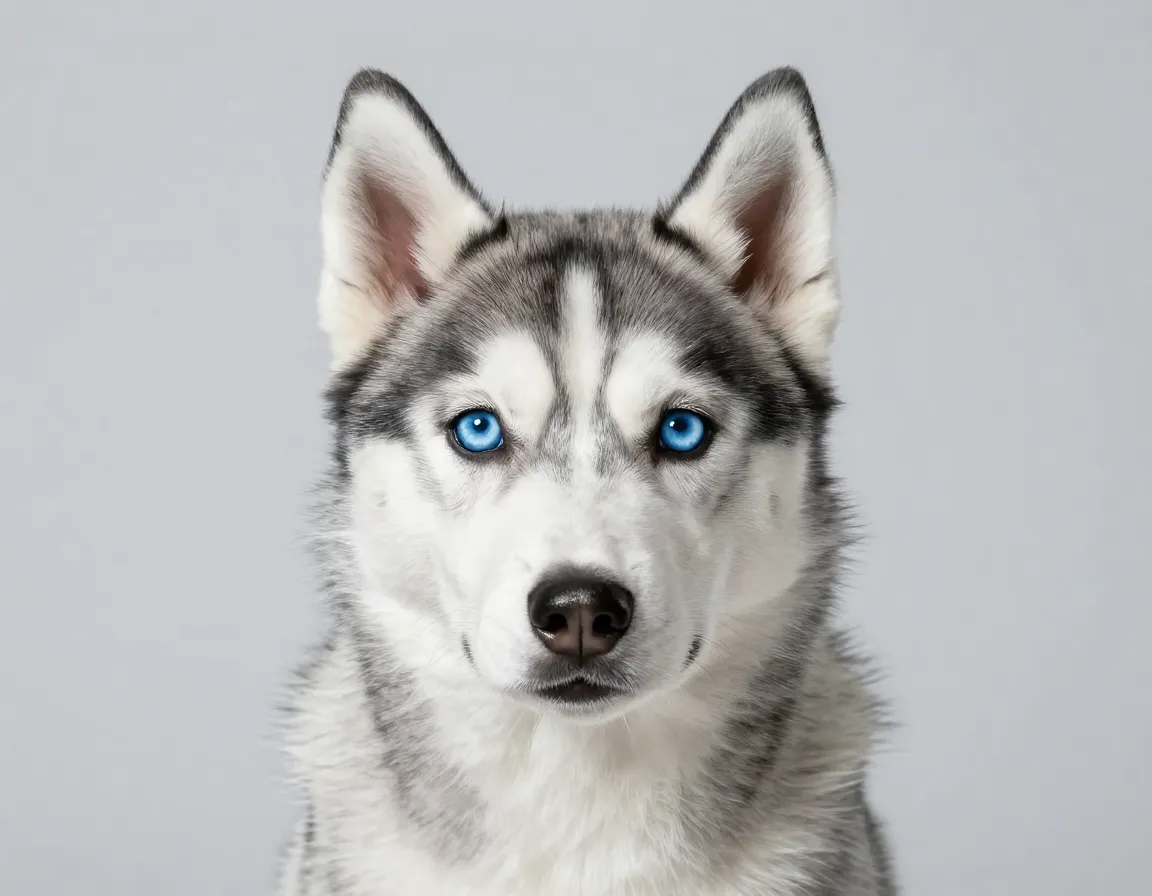 A curious blue eyed husky puppy portrait looking forward