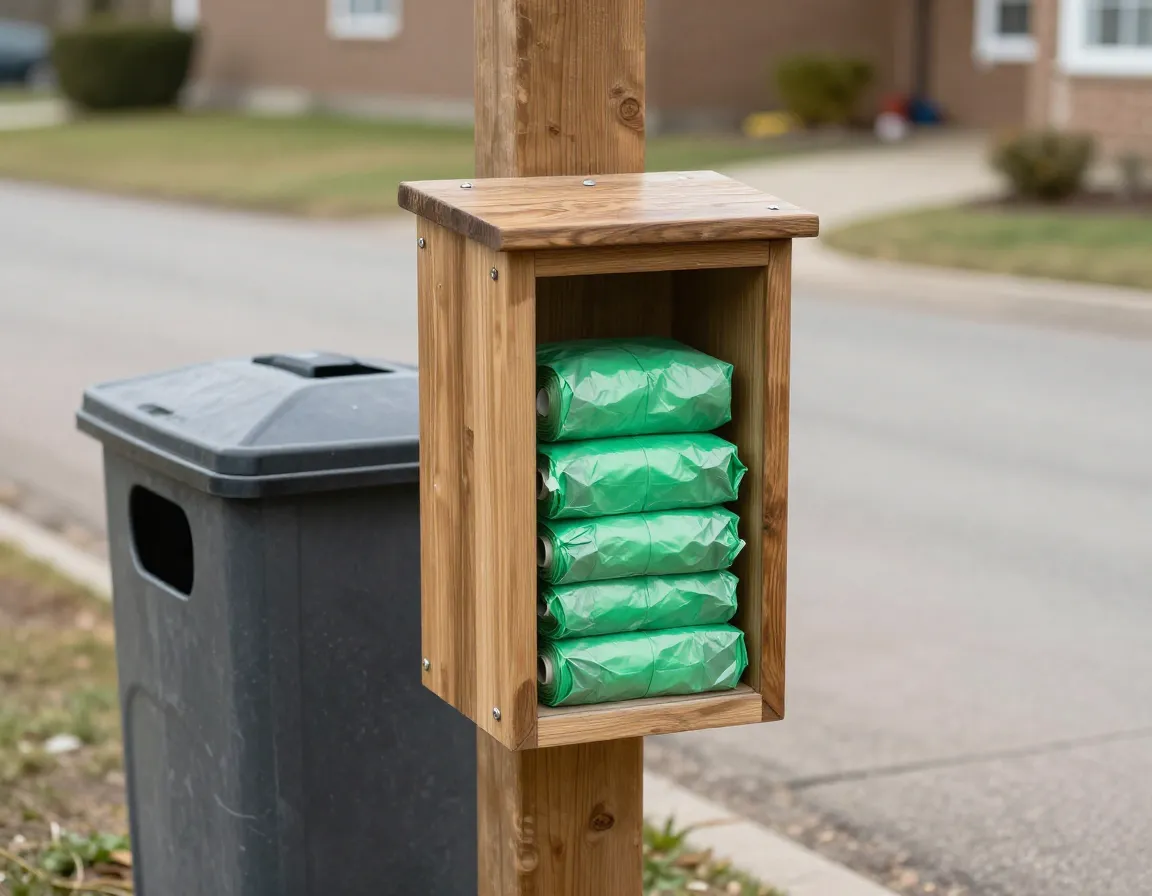 Biodegradable poop bag dispenser mounted on wooden post outdoors