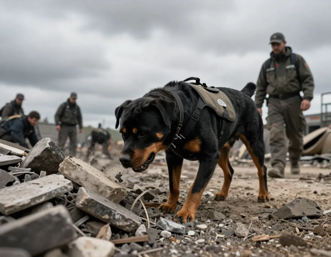 Rottweiler search and rescue dog working in a disaster training area